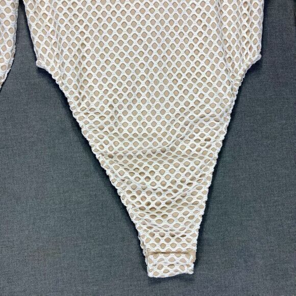 Maniere De Voir Mesh Bodysuit Womens Size 8 White Beige Finger Loop Sexy Top New - Picture 7 of 16